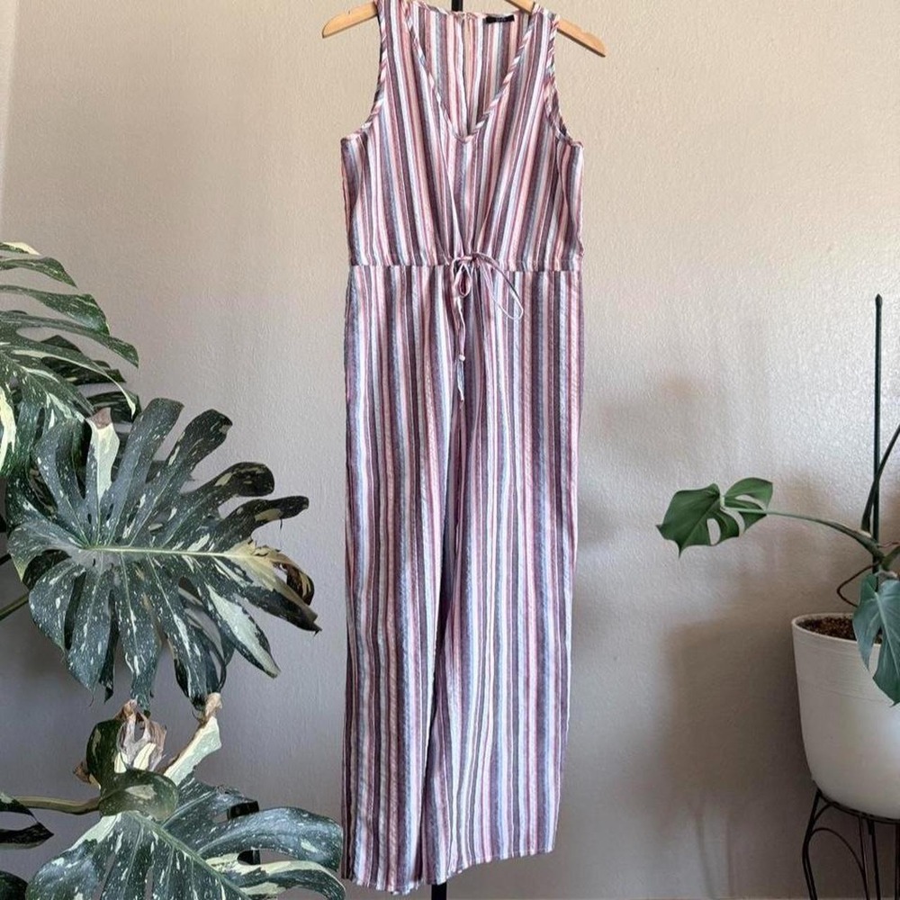 Drew Womens Striped Sleeveless Wide Leg Jumpsuit Blue Pink White Drawstring